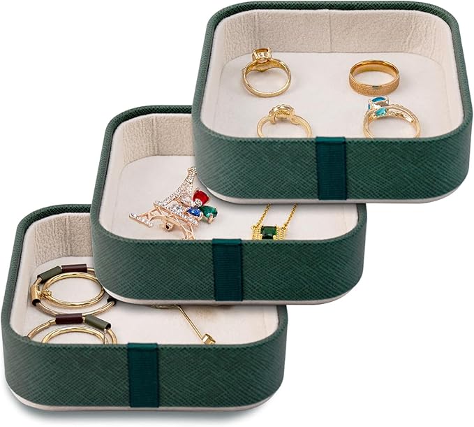 SANQIANWAN Set of 3 Small Stackable Jewelry Organizer Trays Mini Jewelry Drawer Oragnizer Small Jewelry Display Tray for Necklace Bracelet Rings Earrings and Makeup (DarkGreen)