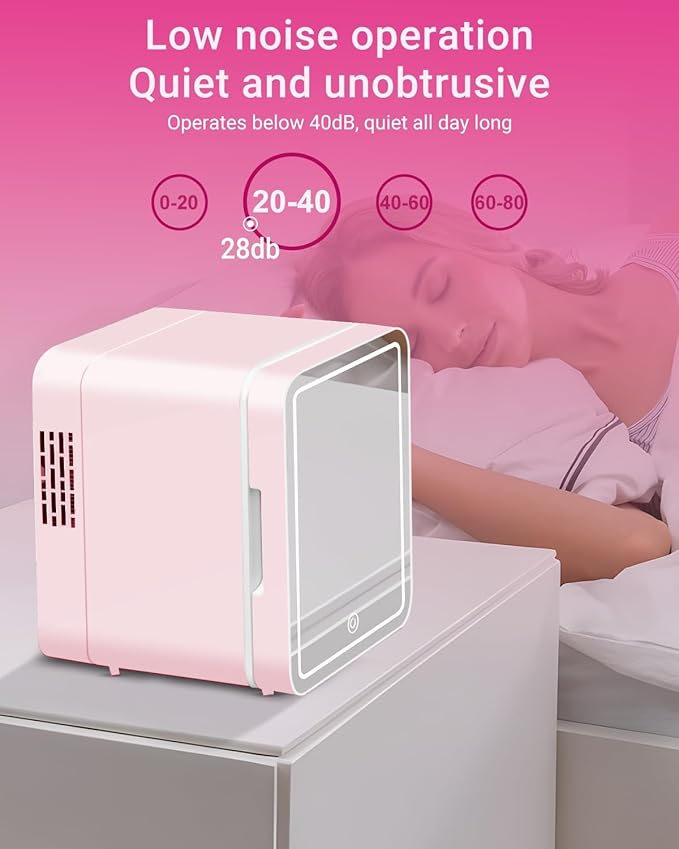 4-Liter Pink Portable Mini Fridge for Skincare Beauty Cosmetic Makeup With Mirrored Door and Dimmable LED Light