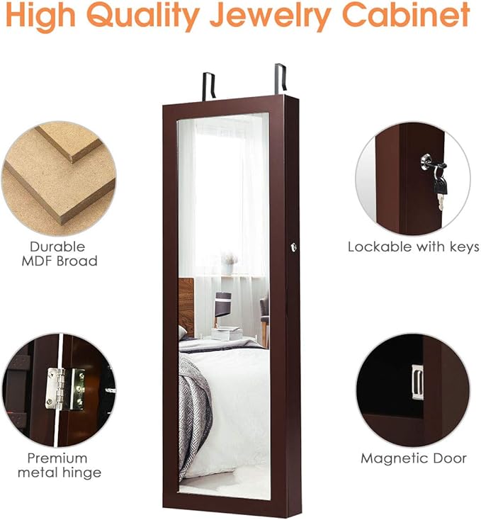 Giantex Jewelry Armoire Wall Door Mounted, Lockable Jewelry Cabinet with 42.5'' Full Length Mirror, 2 LEDs Jewelry Organizer Box with 2 Drawers, Mirror with Jewelry Storage (Espresso)