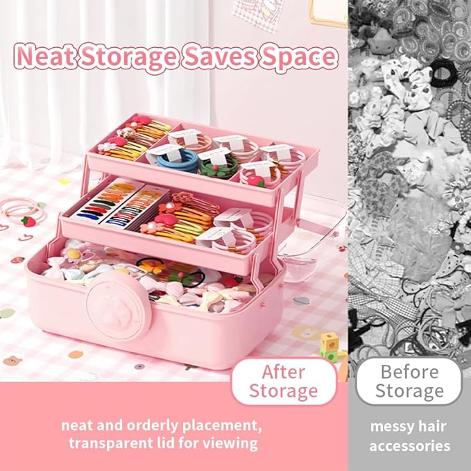 Bow Knot Hair Accessories Organizer Box Cute Dust Proof Childrens Jewelry Storage Box 3 Layers Plastic Storage Box for Hair Clips,Headbands,Hair Bands,Jewelry,Etc