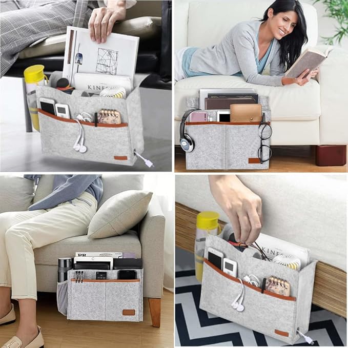 Bedside Caddy,Felt Bedside Storage Organizer, Hanging Storage for Dorm Bed Sofa for tablet Magazine Phone Remotes and Water Bottle Holder (Light Grey)