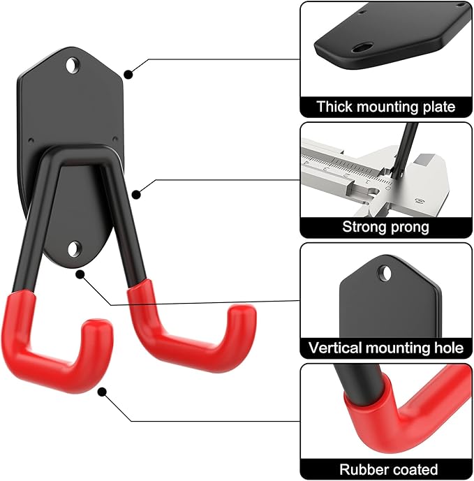 WALMANN 12 PCS Garage Storage System Hooks, Wall Mount Heavy Duty Rubber Coated Utility Hooks for Garden Tools, Ladders, Cords, Folding Chairs, Weed Eaters, Shovels and Rakes