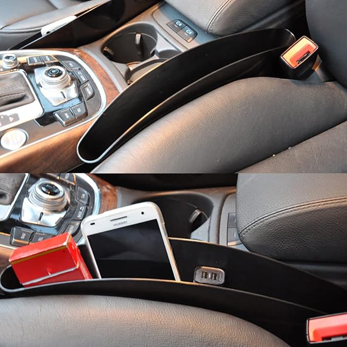 Riloer 2 Pcs Car Seat Pockets Plastic Car Console Side Organizer, Sturdy Leather Car Gap Filler, Pocket Black Drop Catcher Pocket Between Seat Console