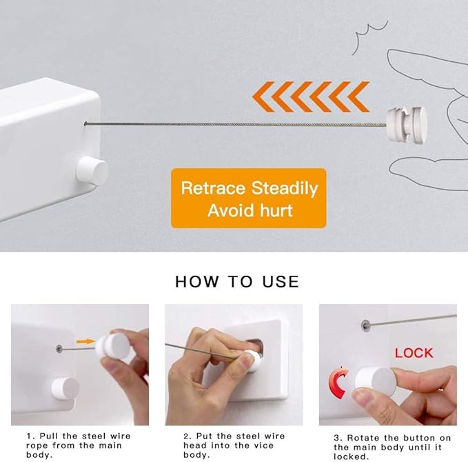 Retractable Clothesline |Indoor Outdoor Clothes Line | Heavy Duty Clothes Drying Laundry Line | Wall Mounted Drying Rack Clothing Line | Retracting Hanging | Lock to Prevent Sagging