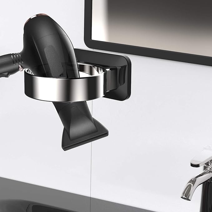 Hair Dryer Holder, Bathroom Cabinet Door Blow Dryer Stand, Blow Dryer Holders Wall Mount - Extra Large Rim (Silver + Black)