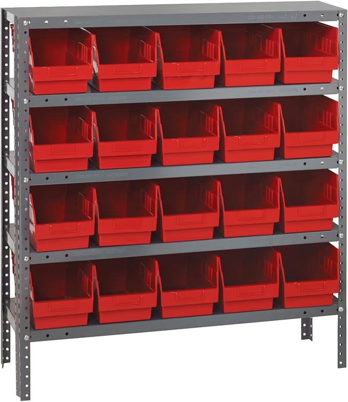 Quantum Storage Systems 1239-202RD Store More Steel Shelving Unit with 6" Shelf Bins, 12" D x 36" W x 39" H, Red