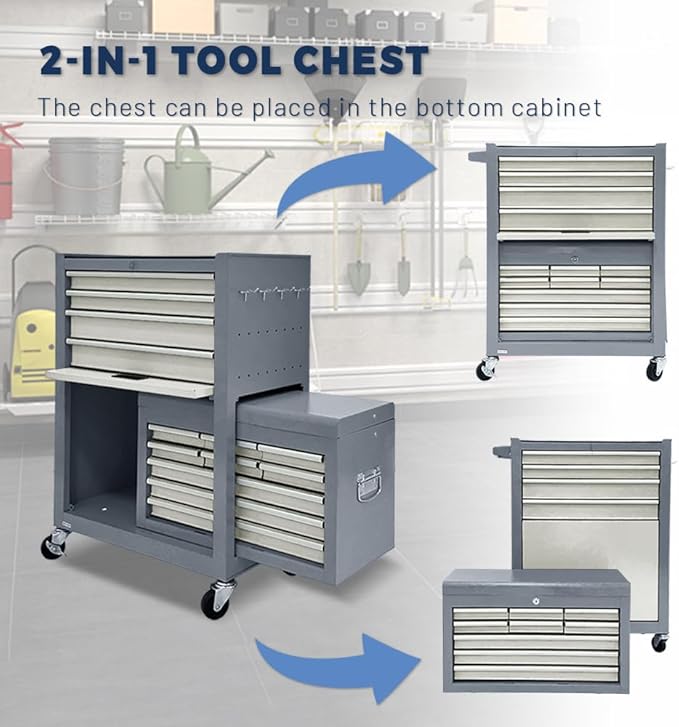 13-Drawer Rolling Tool Chest with Wheels, 2-1 Detachable Tool Chest with Drawers, Metal Tool Box with Lock, Large Tool Cabinet for Garage Workshop (Gray)