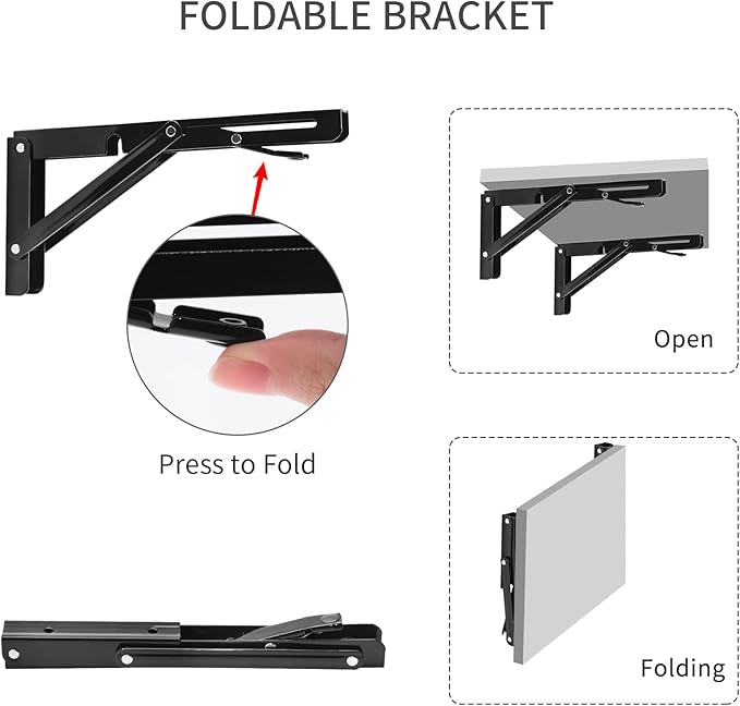 YUMORE Folding Shelf Brackets, 10 Inch Heavy Duty Collapsible Shelf Bracket, Black DIY L Bracket for Workbench Folding Table Hinge, Max Load: 330lb, 2 Pack