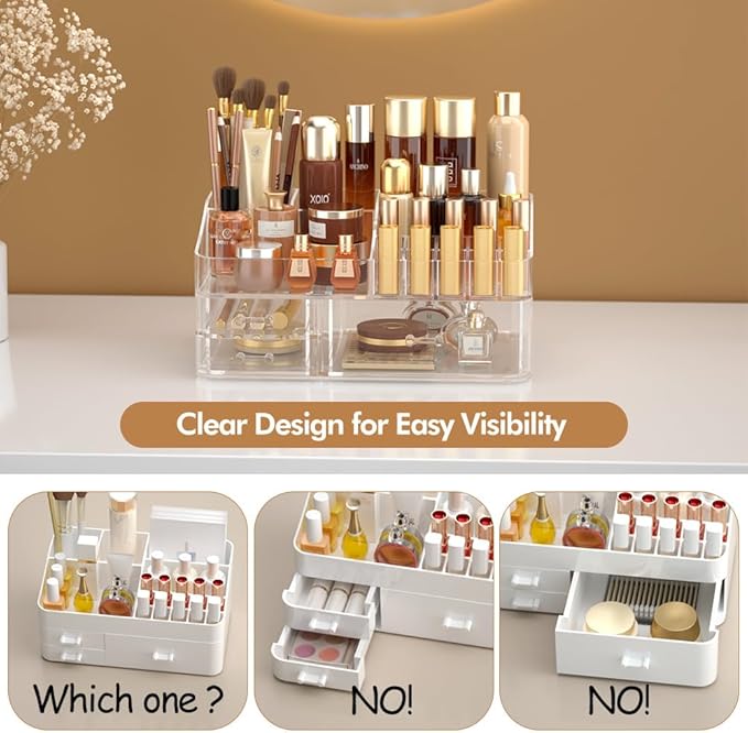 Makeup Organizer for Vanity, Acrylic Large Desk Organizer with Drawers, Ideal Vanity Holder for Cosmetics, Lipsticks, Nail Polish, Skincare, Countertop, Bathroom, Dresser