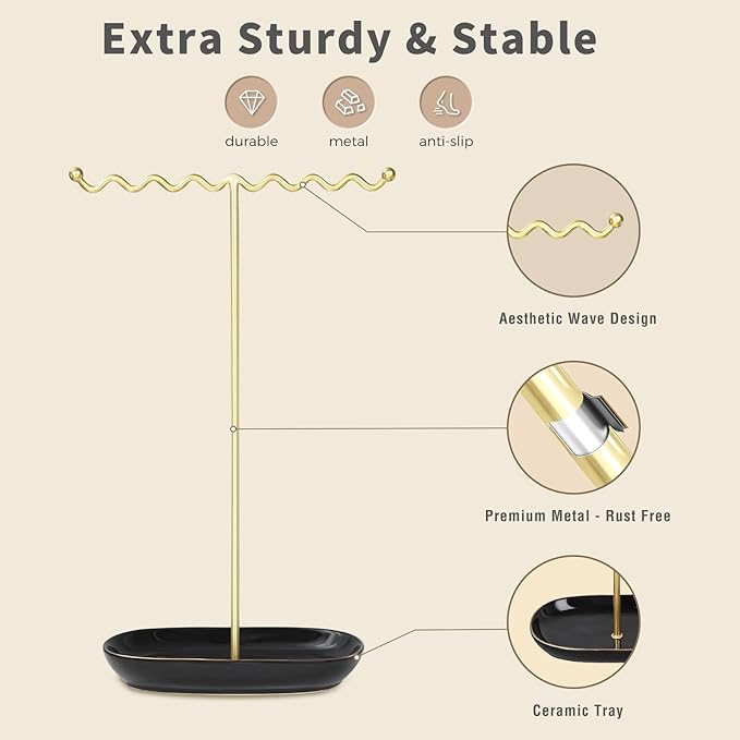 Elegant Jewelry Holder Stand: Metal Tree & Ceramic Tray Organizer for Necklaces, Rings, Earrings - Durable, Rustproof Display Holder Easy to Access Deluxe Black