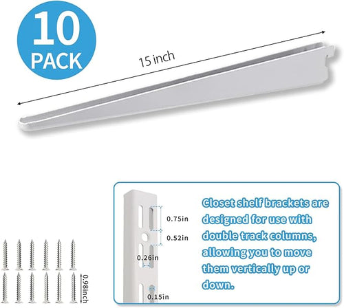10 Pack 15‑Inch Adjustable Wire Shelf Brackets – Heavy‑Duty Double‑Track Closet & Wall Shelving System Supports（White）