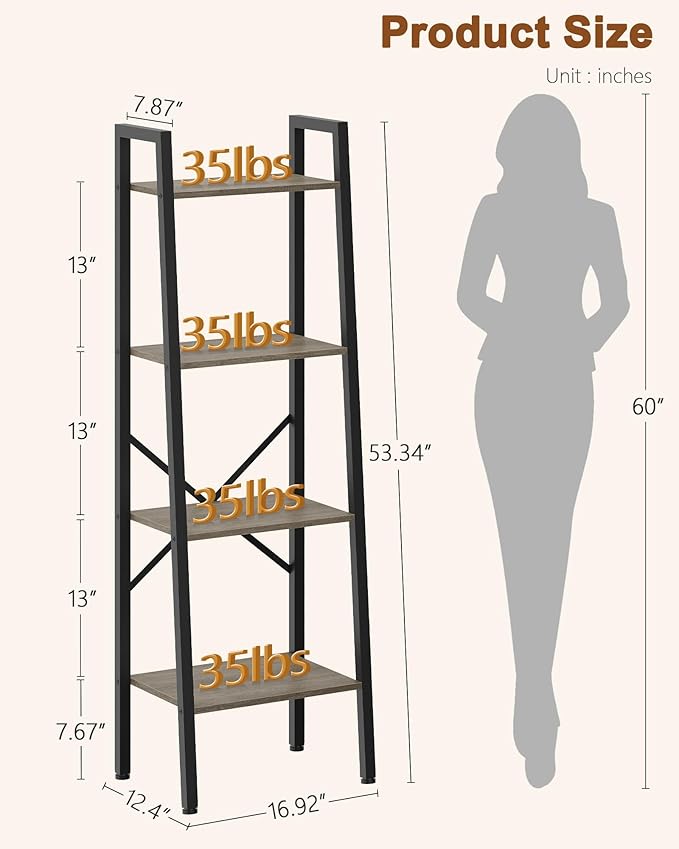 Hoctieon 4-Tier Industrial Ladder Bookshelf, Narrow Ladder Shelf, Tall Standing Bookshelf, Skinny Open Ladder Shelf, for Living Room, Home Office, Kitchen, Bedroom, Metal Frame, Greige