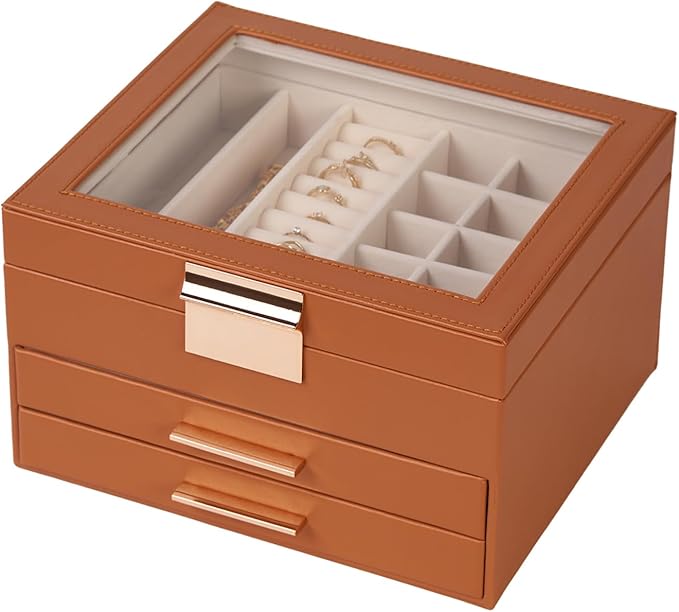 Jewelry Box Organizer with Glass Lid, 3-Layer Jewelry Storage, with 2 Drawers, Modern Style, 8 x 9.1 x 5.3 Inches (Brown)