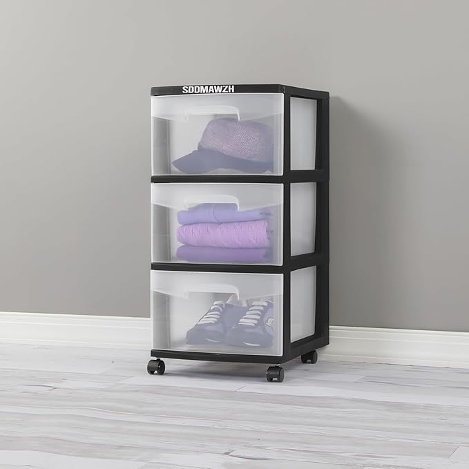 3-Drawer Plastic Cart with Clear Drawers & Removable Wheels - Space-Saving Home/Office/Dorm Organizer for Craft Supplies, Office Essentials & Bedroom Items (Black)