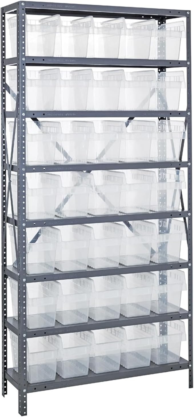 Quantum 1875-SB804CL Heavy Duty Shelving Unit with (8) Shelves and (35) SSB804 Clear Bins for Industrial Warehouse Storage Distribution | 400 lbs Capacity | 18"D x 36"L x 75"H, Galvanized Carbon Steel