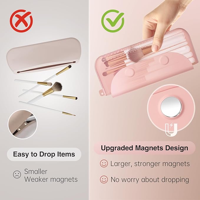 Silicone Makeup Brush Holder Large Travel Makeup Brush Case Original Design Brushes Holder with Magnetic Closure Pink