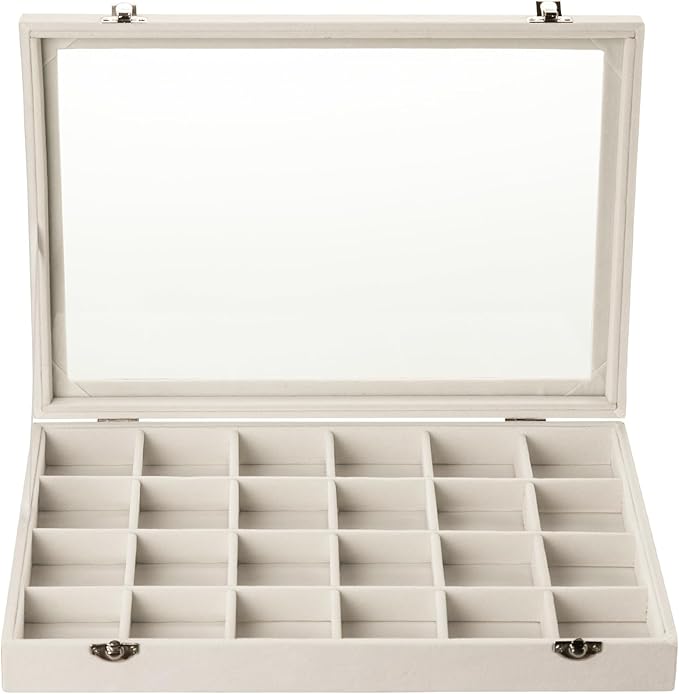 Frebeauty Velvet Jewelry Tray,24 Grid Jewelry Organizer with Clear Lid,Earring Holder Organizer with Clasp,Drawer Insert Rings Pendants Brooches,13.8 x 9.5 x 2 Inches,Gift for Women Girls(Beige)