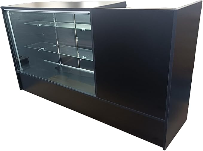 Only Hangers Register Stand with Counter Space and Retail Glass Showcase Display - with LED Lights - 72" (Black)