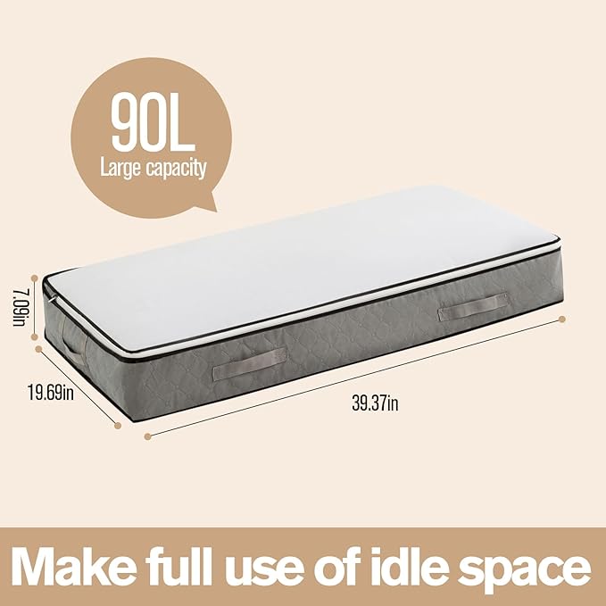 90L Under Bed Storage Containers, Closet Organizers and Storage Bins, Foldable Underbed Storage Bags for Blanket, Clothing, Comforter, Sweaters, Pillows, Linen Sheets, Wrapping Paper, Gray