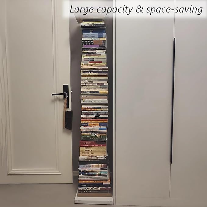 Invisible Vertical Spine Bookshelf Tower,Tall Narrow Metal Bookshelf for Small Space,Corner Floor Standing Book Organizers for Living Room, Office, Entryway(5 Tier, White)