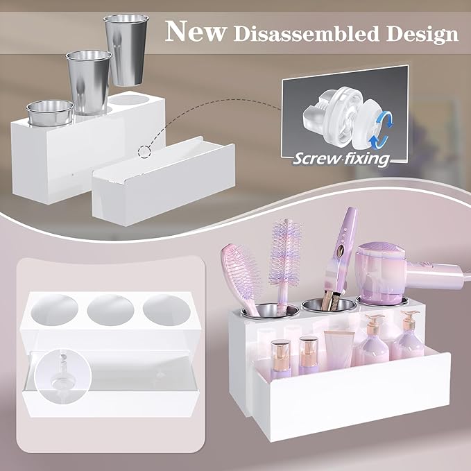 Hair Tool Organizer, Acrylic Hot Hair Styling Tool Organizer with 3 Cups, Hair Dryer Holder for Bathroom Organization Bedroom Vanity Countertop Caddy Storage Curling Iron Stand (Glossy White)
