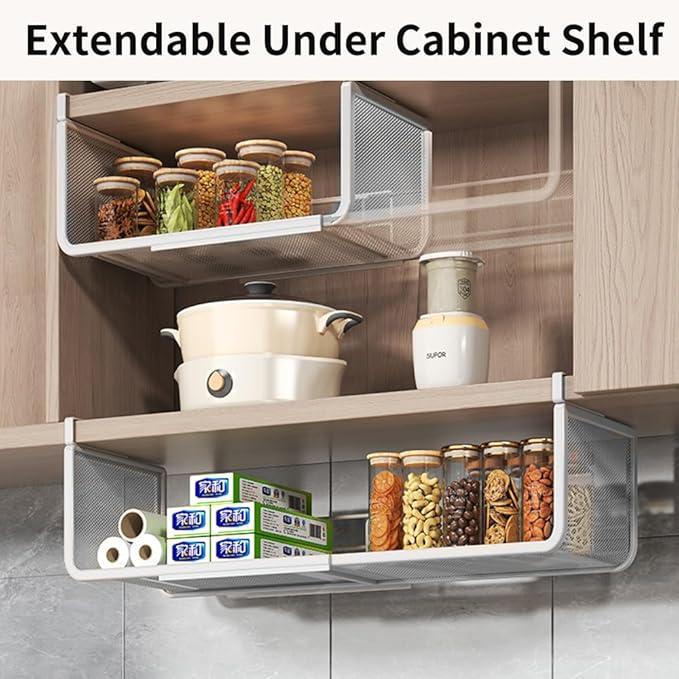 Expandable Under Shelf Basket Organizer, Under Shelf Storage, Hanging Baskets Under Cabinet for Pantry Kitchen Cupboard Desk Counter Bookshelf Space Saver Heavy Duty Slide-in (Black, 2 Pack)