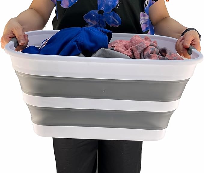 SAMMART 27L (7.1 Gallons) Collapsible Plastic Laundry Basket with Handle-Foldable Pop Up Storage Basket with handle (2, White/Steel Grey)