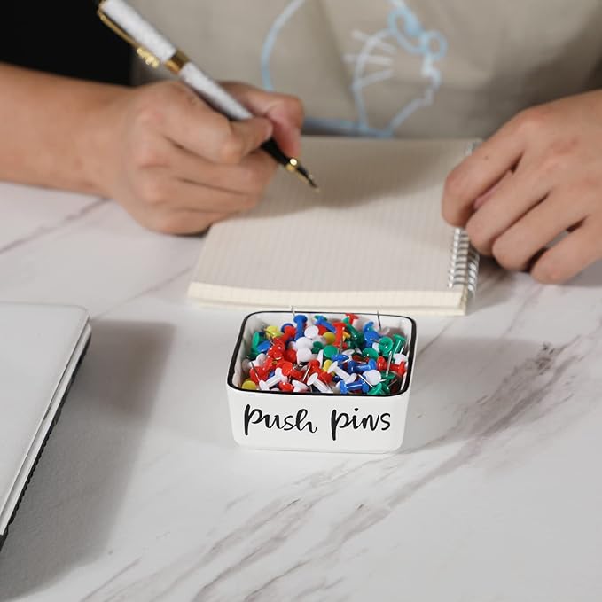 ONTUBE Farmhouse Square Push Pins Holders,Ceramic Binder Clip Dispenser Organizer for Desk, Cute Office Paper Clip Holder, 3.3 Inch (White)