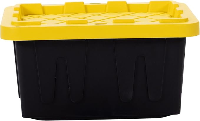 Plastic 5-Gallon Storage Tote with Lockable Lid, Stackable Tough Regular-Duty Bin for Garage, Tools, and Home Organization (2-Pack) - Black and Yellow