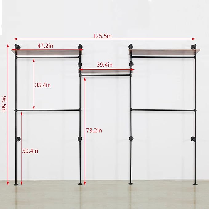 Industrial Iron Pipe Clothing Rack, 40inch Black Vintage Retro Shelving Wall Mounted DIY Garment Rack Rustic Farmhouse Kitchen Storage