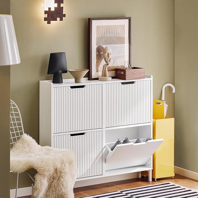 SoBuy Shoe Cabinet 4 Drawers, Narrow Shoe Storage Organizer for Entryway, Thin Free Standing Shoe Rack Porch Front Door, White FSR177-L-W