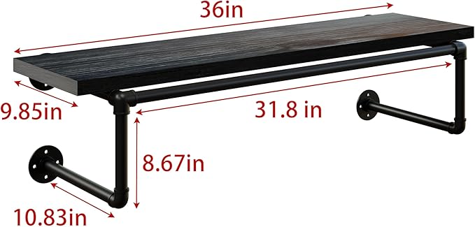 Clothes Rack 36in, Wall Mounted Garment Racks with Real Black Wood Shelf, Heavy Duty Hanging Clothes Rack, Multi-Purpose Hanging Rod, Space-Saving Closet Storage