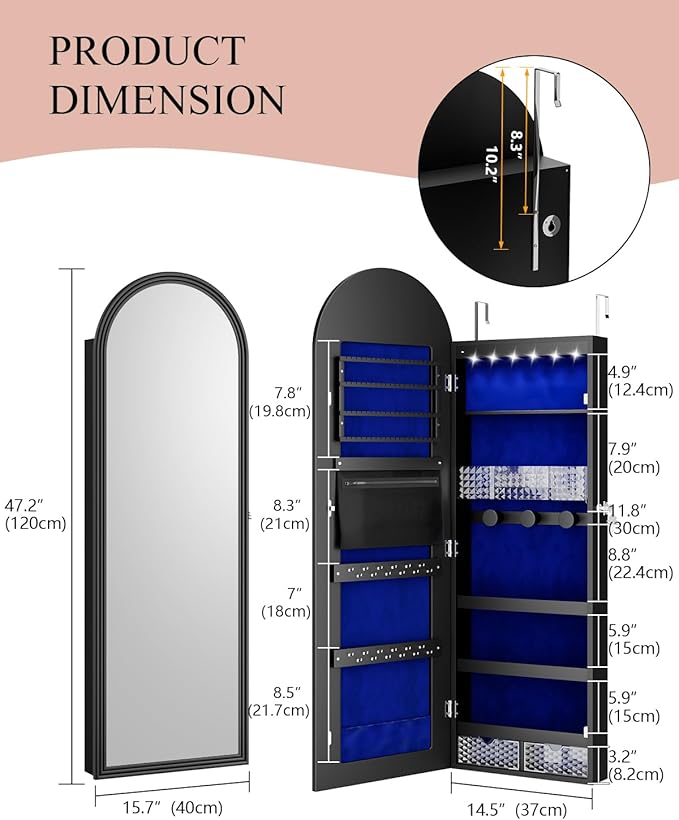 Jewelry Cabinet Organizer with Mirror, 47 inch Lockable Full-Length Mirror Jewelry Armoire Hanging Door/Wall Mounted with 6 LEDS, Arched Framed Mirror Cabinet with Storage, Gift for Women, Black