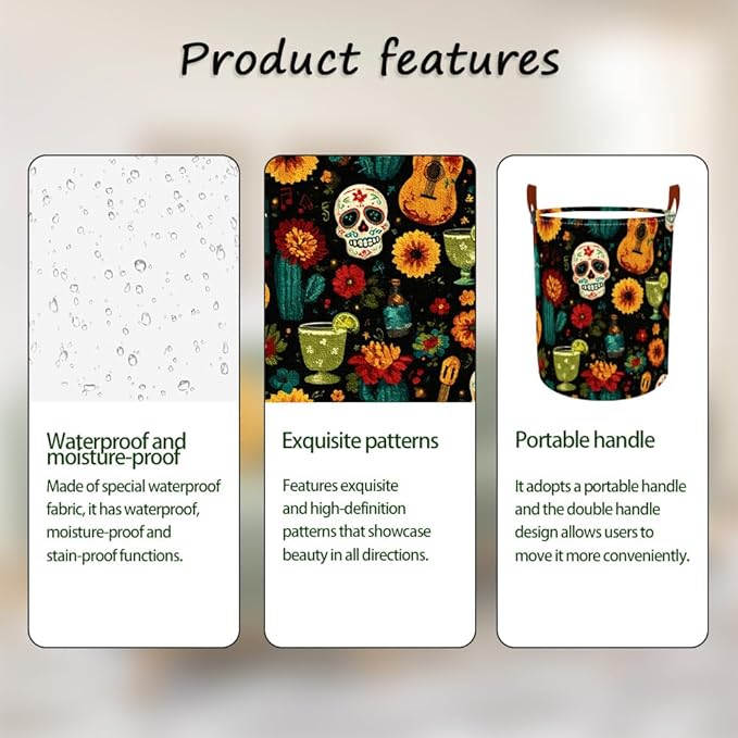 Laundry Baskets 15.7x19.7 Inch Day of the Dead Skull Guitar Cocktail Design Collapsible Laundry Hamper with Handles Oxford Fabric Clothes Storage Bin Foldable Dirty Clothes for Bedroom Bathroom