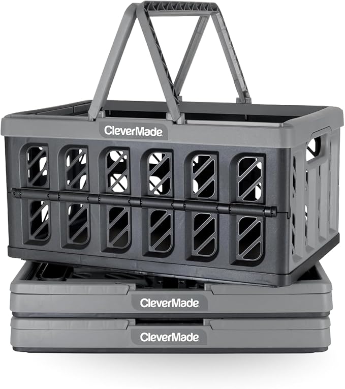 CleverMade Collapsible Shopping Basket, Stone, 3PK - 24L (6 Gal) Reusable Plastic Grocery Shopping Baskets, Holds 25lbs Per Basket - Small Foldable Storage Crates with Handles