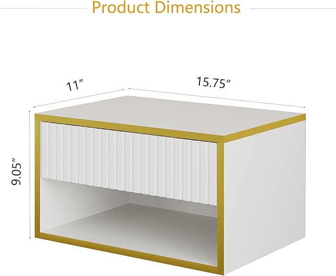 4ever2buy Floating Nightstand with Fluted Drawer, Modern Wall Mounted Nightstand with Open Shelf, White and Gold Night Stand for Bedroom, White