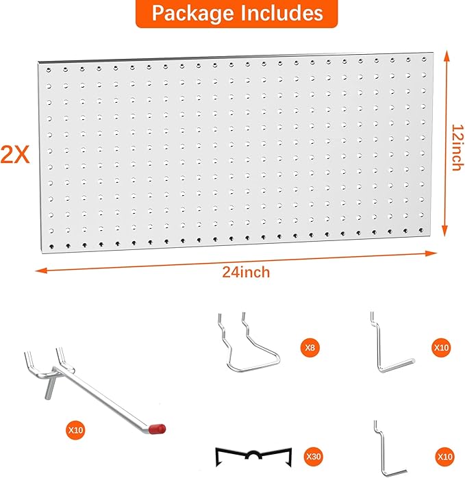 TORACK Metal Pegboard Wall Tool Organizer 24" x 24" or 12" x 48", 70 PCS Tools Storage Pegboard for Garage Peg Board Tool Organizer Board with Hooks for Workbench(Grey)