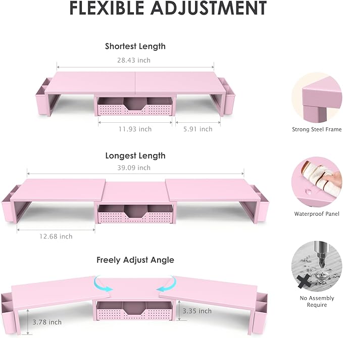 OPNICE Pink Desk Organizers and Accessories for Women, Dual Computer Monitor Stand Riser with Drawer and 2 Pen Holders, Office Desk Accessories, Workspace Desktop Organization for Office Supplies