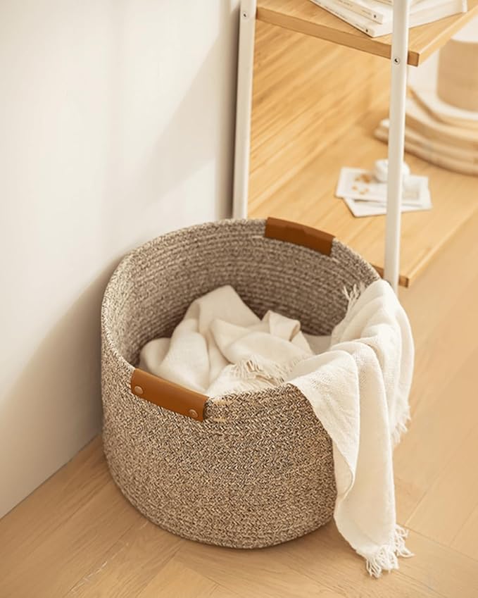 Small Cotton Woven Basket with PU Leather Handle, Baby Kids Clothes Toys Candy Gifts Cotton Rope Organizer, for Living Room Bathroom Shower Storage Laundry, Dog Cat Bed, Fall Basket, Coffee