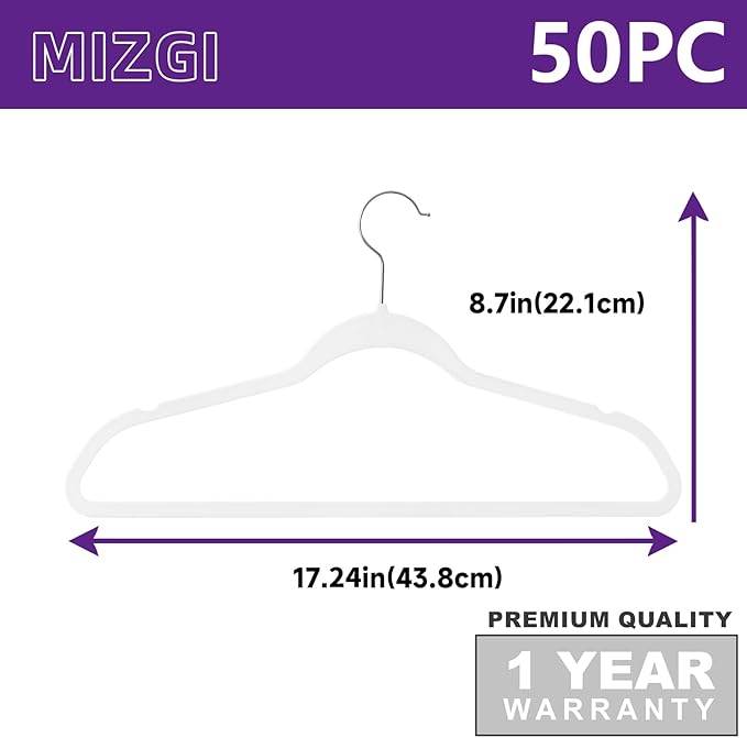 Hangers 50 Pack - Non-Velvet White Plastic Hangers for Clothes -Heavy Duty Slim Coat Hanger -Space-Saving Closet with Chrome Hook,Non-Flocked for Dresses Coats Shirts Jackets
