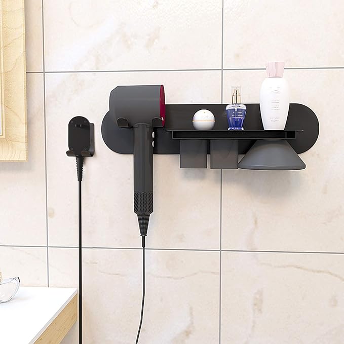 FLE Hair Dryer Holder Wall Mounted with Shelf - Hair Dryer Holder Rack Organizer Compatible for Dyson Supersonic Hair Dryer,Black