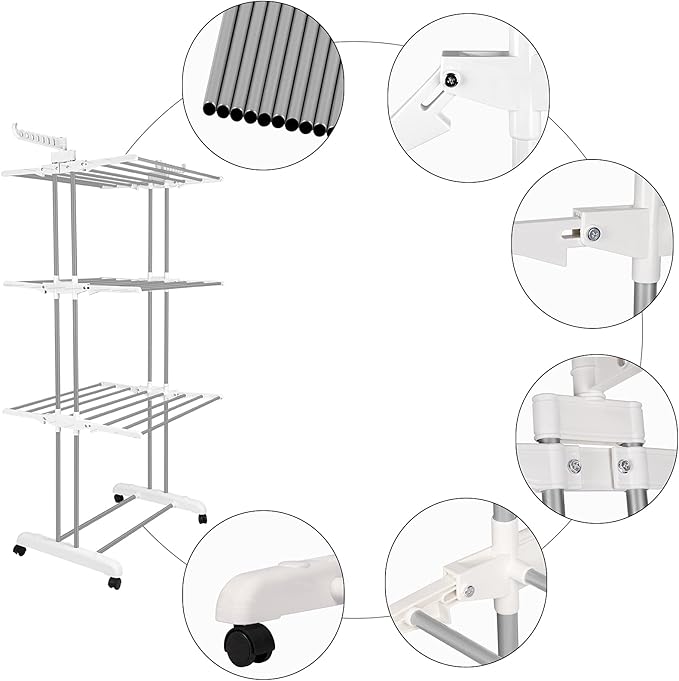 Bigzzia 3 Tier Folding Drying Rack Clothing Clothes Horses Rack Stainless Steel Laundry Drying Rack (Grey White, 4 Tier)