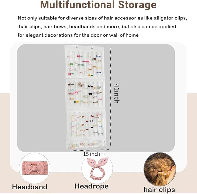 Hair Bows Holder & Organizer for Girls, Wall Hanging Baby Hair Accessory Storage Display with Sturdy Rope for Girl Room & Nursery