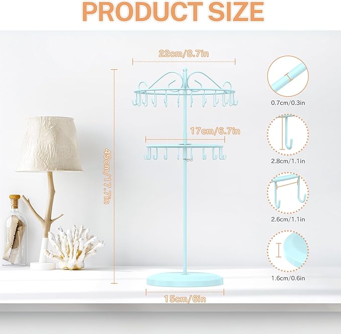 iDavosic.ly 2 Tier Rotating Necklace Holder Organizer with 42 Hooks, Adjustable Metal Bracelet Display Stand Rack, Extra Tall Keychain Spinning Tree Tower for Women, Blue
