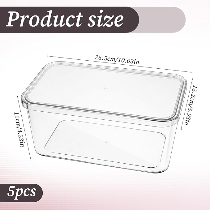 5 Pack Clear Storage Bins With Lids, Stackable Refrigerator Organizers Durable Plastic Food Containers Box for Pantry Cabinet Kitchen Fridge Fruits Vegetables Bathroom Small Items