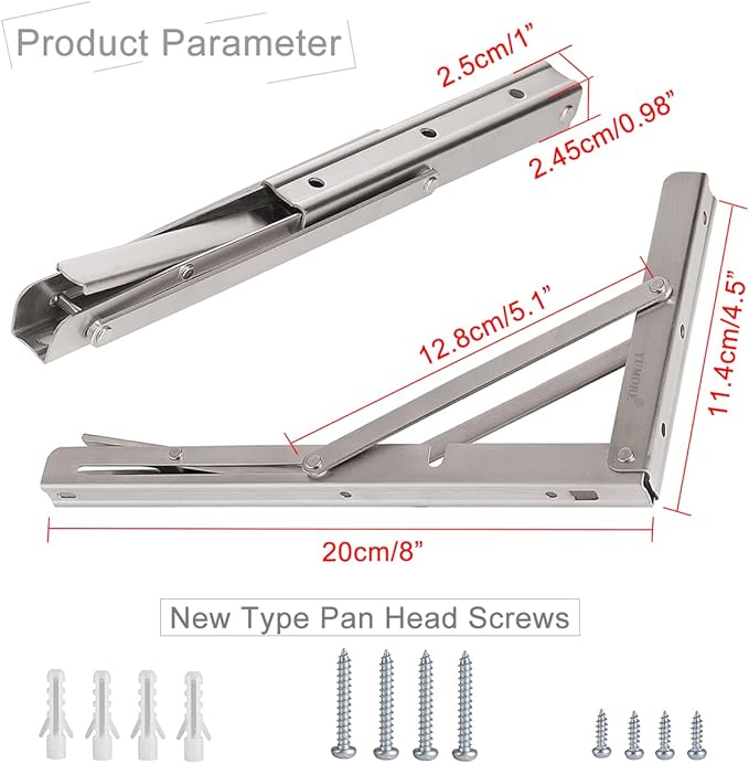 YUMORE Folding Shelf Brackets 8", Max Load: 300lb Heavy Duty Stainless Steel Collapsible Shelf Bracket for Table Work Bench, Space Saving DIY Bracket, Pack of 2
