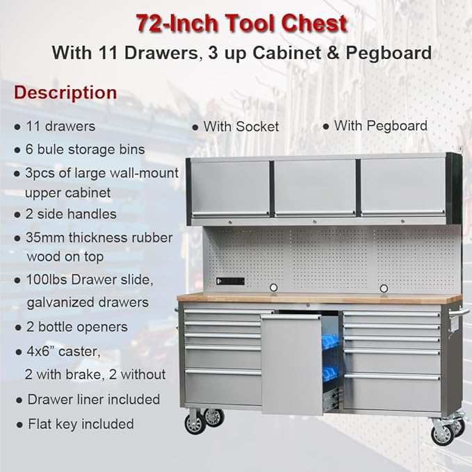 72" Stainless Steel Rolling Tool Chest with 11 Drawers + 3 Upper Cabinets, Large Lockable Storage Cabinet, Mobile Workbench with Wheels for Garage Workshop (1 × HTC7214W1)