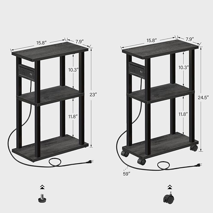 TUTOTAK Small Narrow Side Table with Charging Station, Set of 2, Skinny End Table for Small Spaces, Slim Nightstand with USB Ports and Outlet,Sofa Beside Table with Wheels, Charcoal Grey TB01BY047