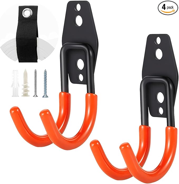 Heavy Duty Garage Storage Hooks, 4 Pack Utility Steel Garage Tool Organizer Wall Mount for Hanging Power and Garden Tools Ladders Hoses Bikes Ropes & Bulk Items
