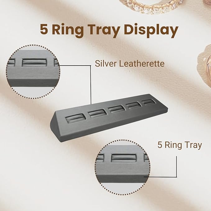 Novel Box 5-Slot Silver Leatherette Rings/Earrings/Cufflinks Holder Tray 8.12x1.75x1 Inches - Ring Holder Organizer for Selling or Personal Use - Jewelry Display Trays for Special Occasions